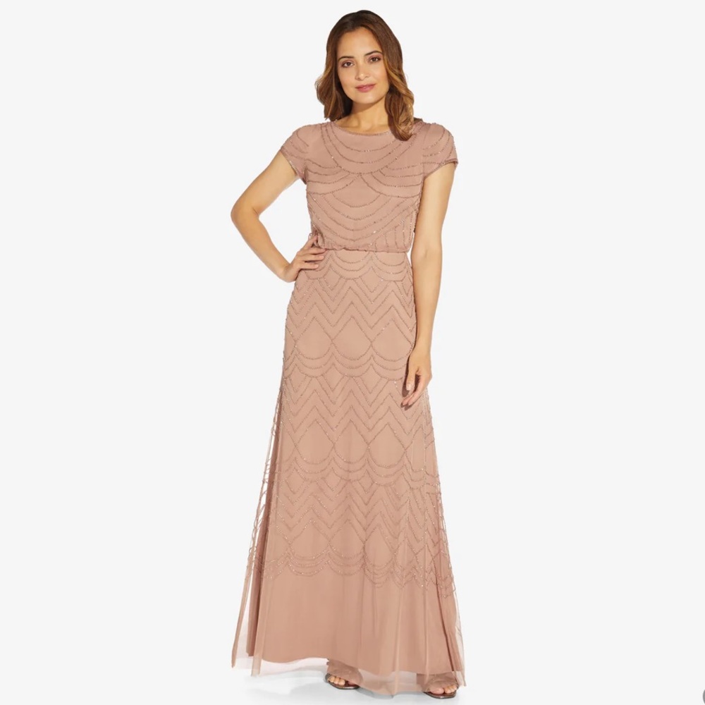 Adrianna Papell Short Sleeve Beaded Blouson Gown